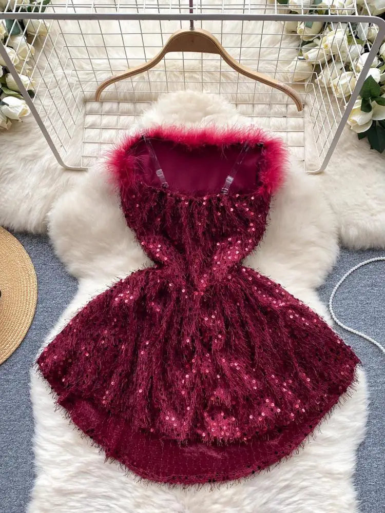 Black Sequin Plush Slim Mini Dress Women Christmas New Year Party Luxury Celebrity Evening Strapless Dress Sexy Club Red Dresses