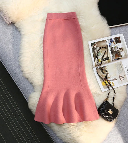 Autumn Winter Elastic Waist Knit Skirt For Women Vintage Slim Mid Length Casual Fashion Solid Color A-line Mermaid Skirts Female