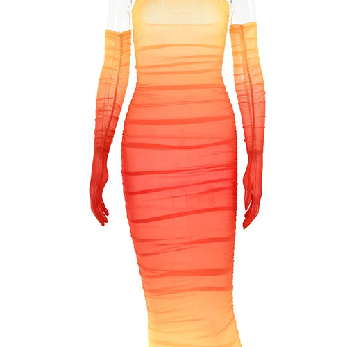 Load image into Gallery viewer, Mesh Gradient Patch Women's Dress Modified Bodycon Strapless Split Double Layer Midi Vesidos Party Club Evening Dress
