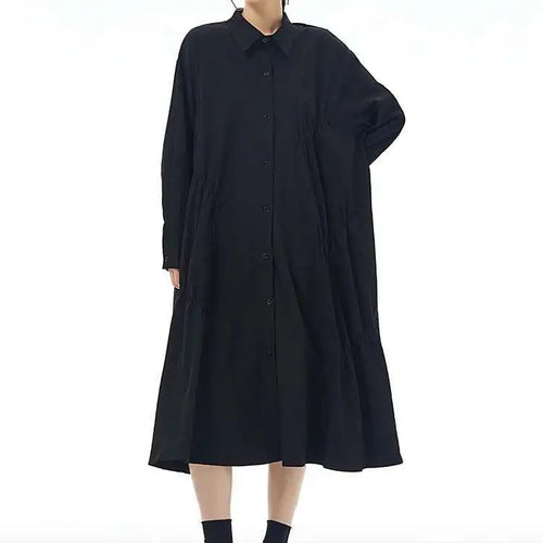 Load image into Gallery viewer, Women Coffee Pleated Spliced Big Size Midi Shirt Dress New Lapel Long Sleeve Fashion Tide Spring Autumn 2025 1DH7416
