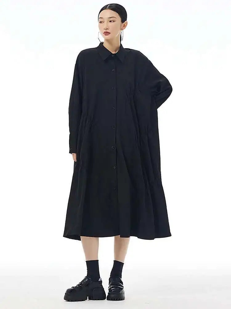 Women Coffee Pleated Spliced Big Size Midi Shirt Dress New Lapel Long Sleeve Fashion Tide Spring Autumn 2025 1DH7416