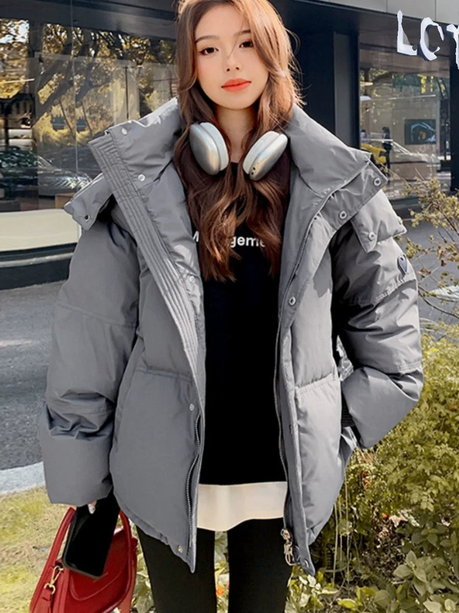 Winter Puffer Jackets Women Thick Warm Down Cotton Padded Coat Female Fashion Oversize Hooded Grey Loose Short Parkas Mujer 2023