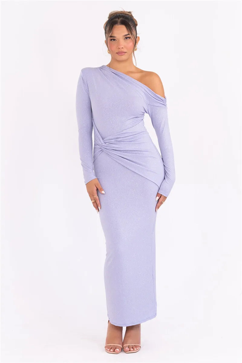 Sparkle Long Sleeve Sexy Maxi Dress For Women Inclined Shoulder Backless Bodycon Ruched Club Party Sexy Long Dress