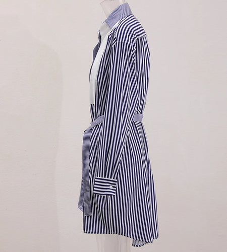 Women Blue Striped Color-block Big Size Long Blouse New Lapel Long Sleeve Shirt Fashion Tide Spring Autumn 2025 CPDB142