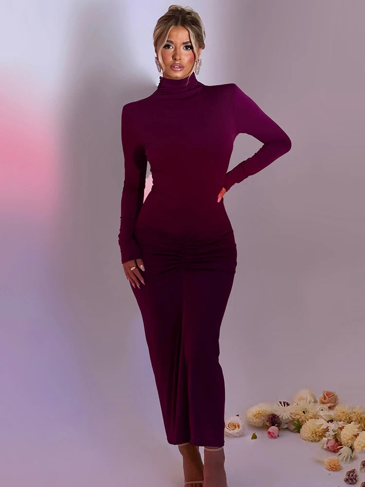 Elegant Turtleneck Long Sleeve Bodycon Maxi Dress Women Autumn Winter New Ruched Club Party Sexy Dress Vestidos