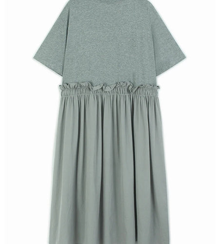 Women Gray Pleated Ruffles Big Size Elegant Midi Dress New Round Neck Short Sleeve Fashion Tide Spring Summer 2025 1DJ0927