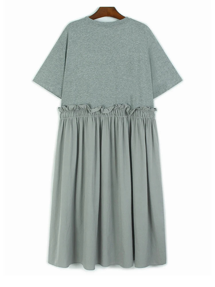 Women Gray Pleated Ruffles Big Size Elegant Midi Dress New Round Neck Short Sleeve Fashion Tide Spring Summer 2025 1DJ0927