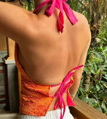 y2k Lace Tops Women Clothing Summer Deep V Neck Floral Sleeveless Backless Halter Neck Tanks Coquette Clothes Clubwear