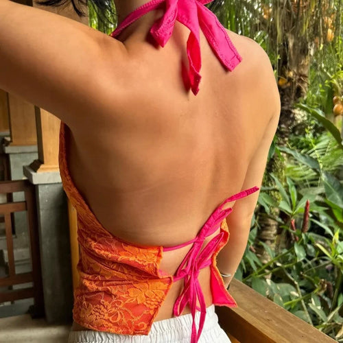 Load image into Gallery viewer, y2k Lace Tops Women Clothing Summer Deep V Neck Floral Sleeveless Backless Halter Neck Tanks Coquette Clothes Clubwear
