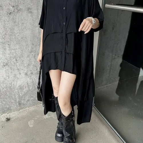 Load image into Gallery viewer, Women Black Layers Back Long Big Size Long Shirt Dress New Lapel Short Sleeve Fashion Tide Spring Summer 2025 1DH6073
