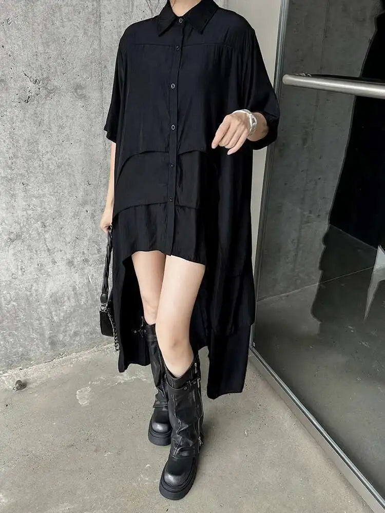 Women Black Layers Back Long Big Size Long Shirt Dress New Lapel Short Sleeve Fashion Tide Spring Summer 2025 1DH6073
