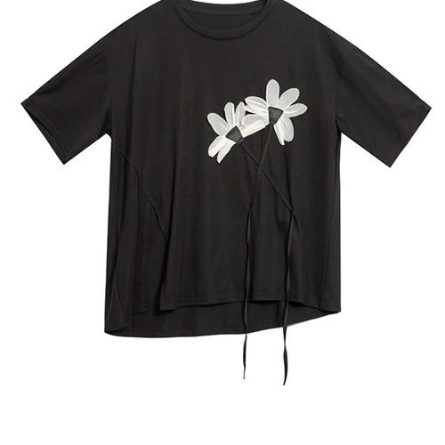 Load image into Gallery viewer, Women Black Flower Ribbon Big Size Casual T-shirt New Round Neck Short Sleeve Fashion Tide Spring Summer 2025 1DH9833
