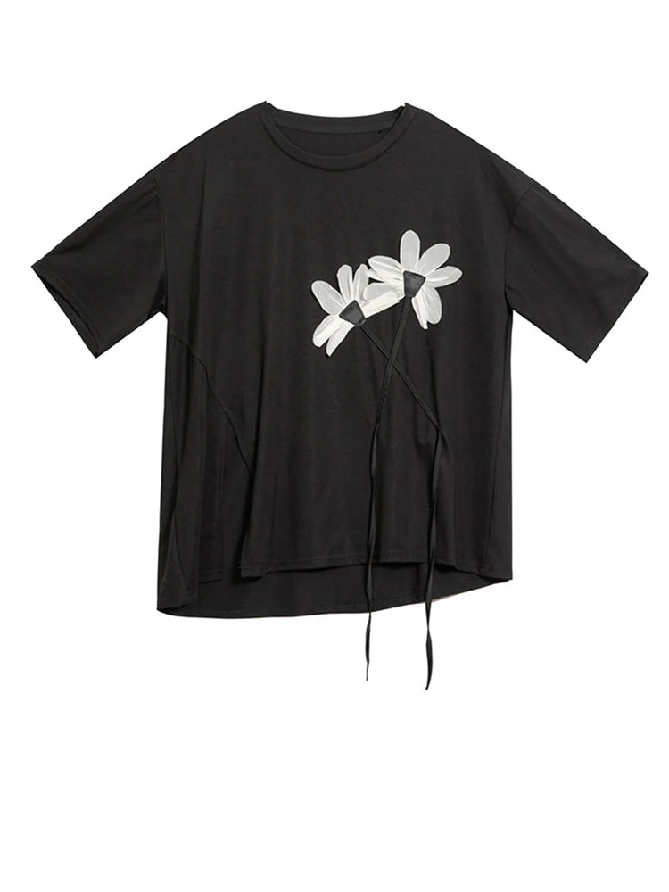 Women Black Flower Ribbon Big Size Casual T-shirt New Round Neck Short Sleeve Fashion Tide Spring Summer 2025 1DH9833