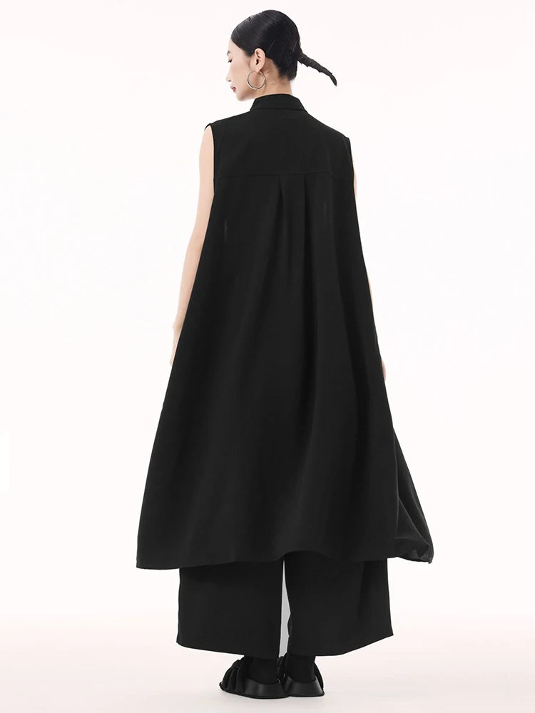 Women Army Green Hollow Out Big Size Midi Casual Dress New Lapel Sleeveless Fashion Tide Spring Summer 2025 1DH9512