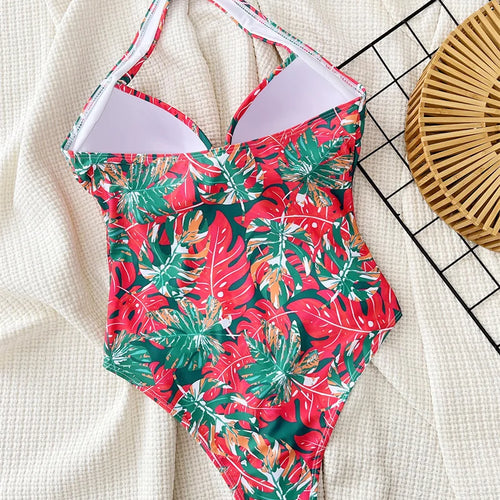 Load image into Gallery viewer, Floral Pleated Halter One Piece Swimsuit 2024 Swimwear for Women Sexy Bandage Bathing Suit Backless Monokini
