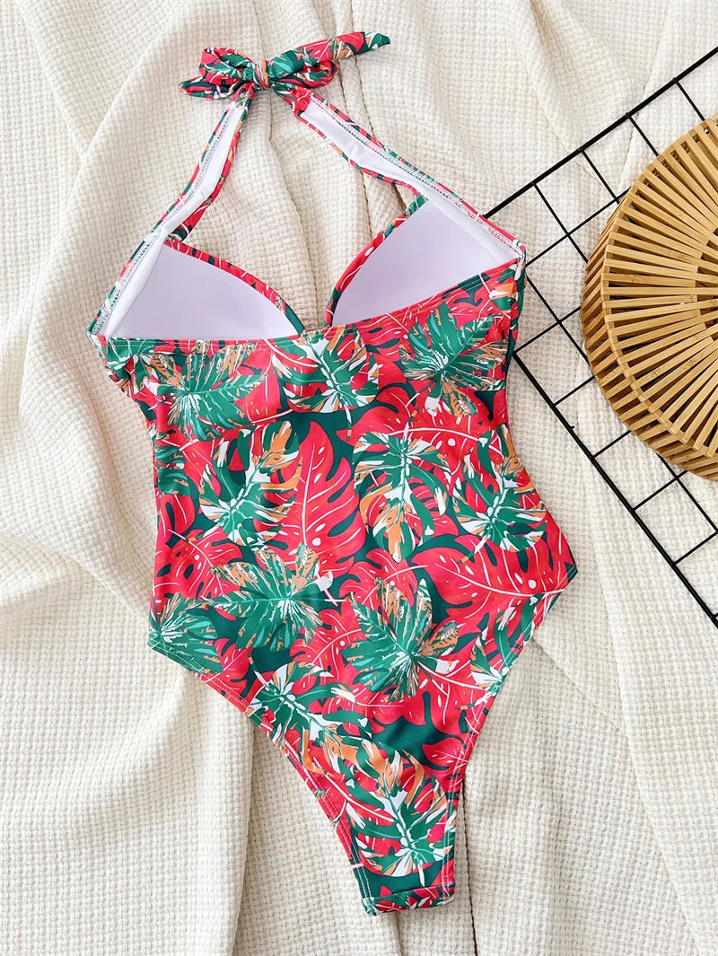 Floral Pleated Halter One Piece Swimsuit 2024 Swimwear for Women Sexy Bandage Bathing Suit Backless Monokini