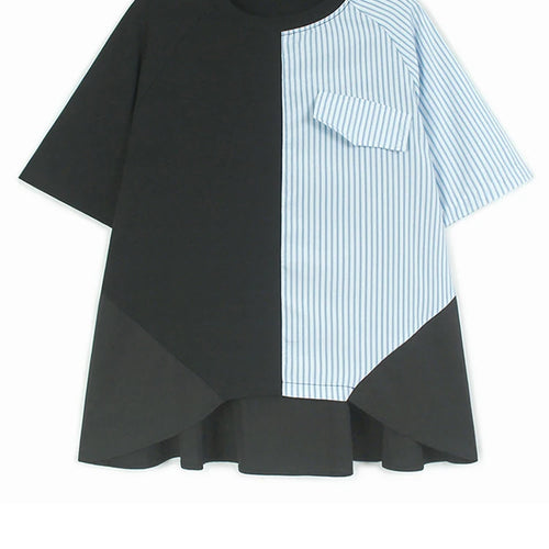 Load image into Gallery viewer, Women Gray Striped Color-block Big Size T-shirt New Round Neck Short Sleeve Fashion Tide Spring Summer 2025 1DJ0589
