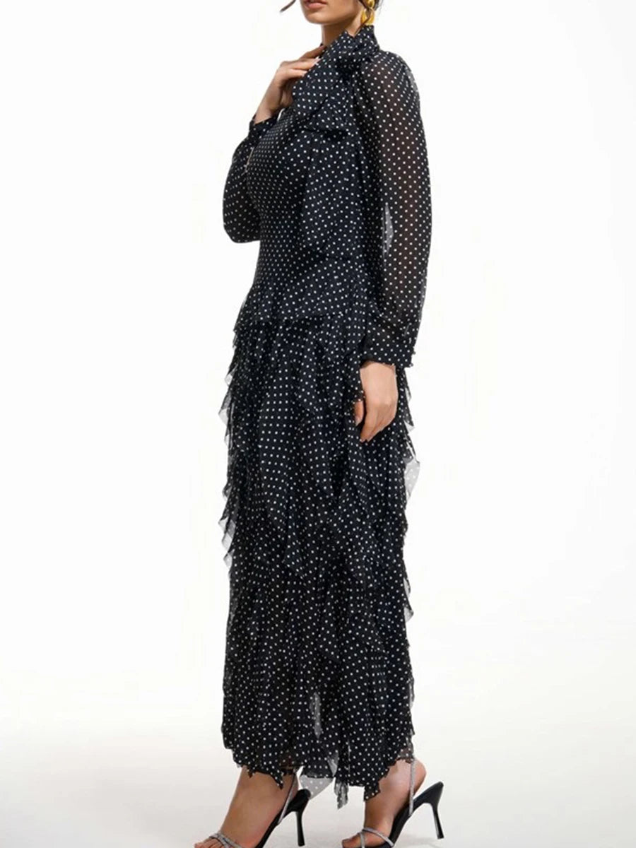 Hit Color Slimming Dresses For Women Scarf Collar Long Sleeve High Waist Temperament Mesh Dresses Female Fashion