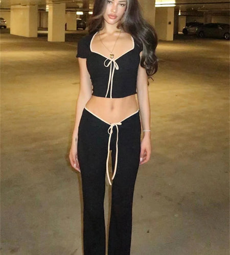 Daily Women New In Matching Sets Lace Up Short Sleeve Tops+V Shape Low Waist Flare Pants Temperament Streetwear Outfits