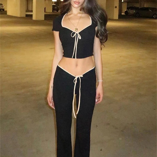 Load image into Gallery viewer, Daily Women New In Matching Sets Lace Up Short Sleeve Tops+V Shape Low Waist Flare Pants Temperament Streetwear Outfits
