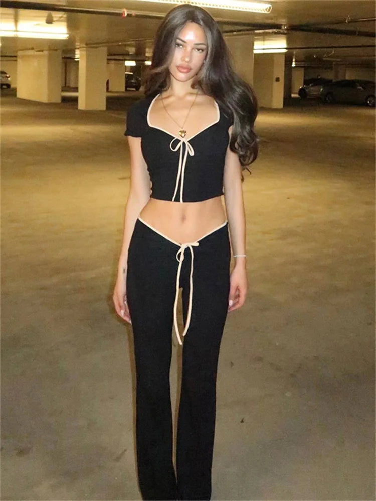 Daily Women New In Matching Sets Lace Up Short Sleeve Tops+V Shape Low Waist Flare Pants Temperament Streetwear Outfits