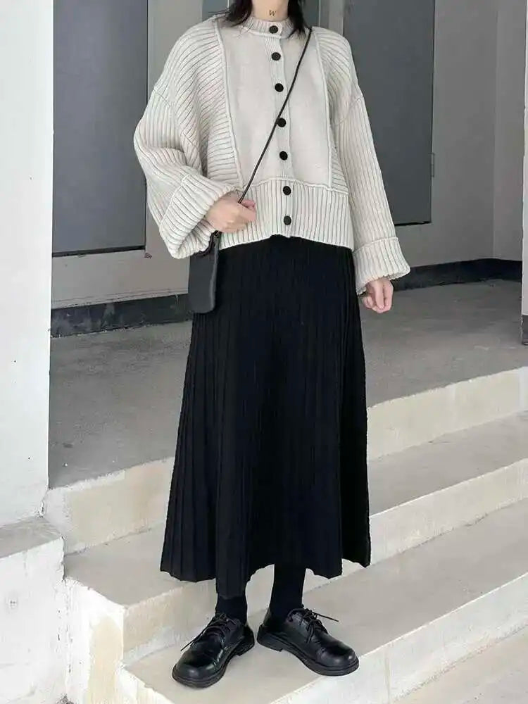 High Elastic Waist Black Pleated Knitting Sweater A-line Half-body Skirt Women Fashion Tide New Autumn Winter 2025 1DH9208