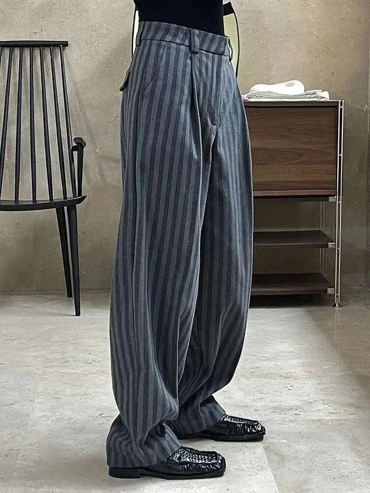 High Waist Gray Striped Pleated Long Casual Pants New Loose Fit Trousers Women Fashion Tide Spring Autumn 2025 1DF4435