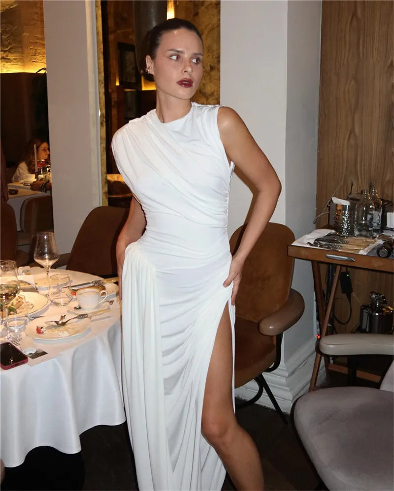 Hollow Out Draped Ruched Sexy Maxi Dress Women Gown Elegant Sleeveless Backless Thigh High Split Long Dress Clubwear