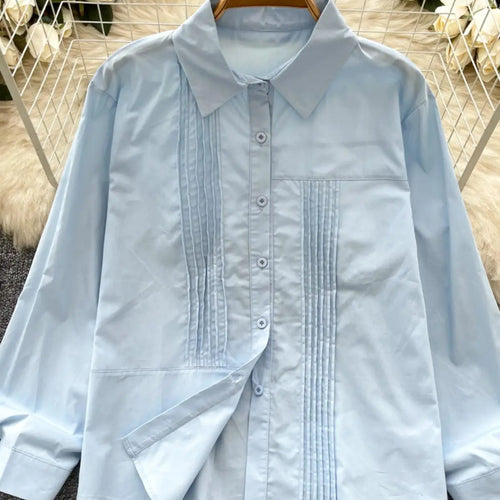 Load image into Gallery viewer, Spring Solid Single Breasted Long Sleeved Holiday Cardigan Shirt Women Loose Versatile Office Lady Pleated Blouse Simplicity New
