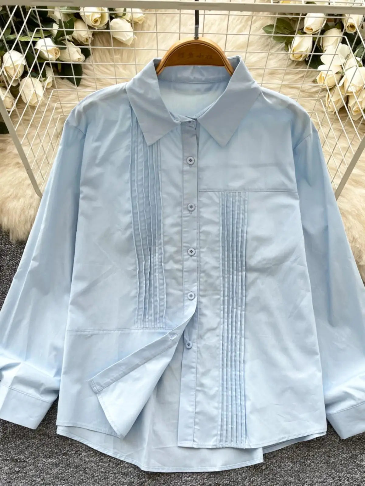 Spring Solid Single Breasted Long Sleeved Holiday Cardigan Shirt Women Loose Versatile Office Lady Pleated Blouse Simplicity New