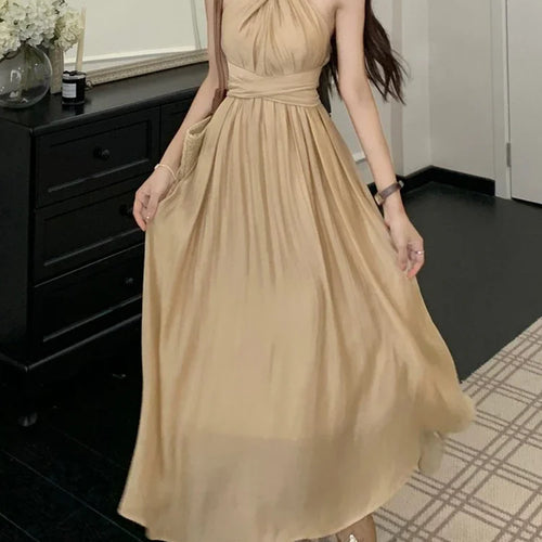 Load image into Gallery viewer, Khaki Halter Slim Waist Women&#39;s Dresses French Style Elegant Solid Color Pleated Fashion Female Dress Summer High Street
