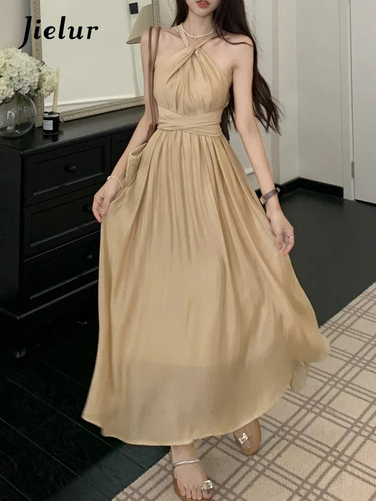 Khaki Halter Slim Waist Women's Dresses French Style Elegant Solid Color Pleated Fashion Female Dress Summer High Street