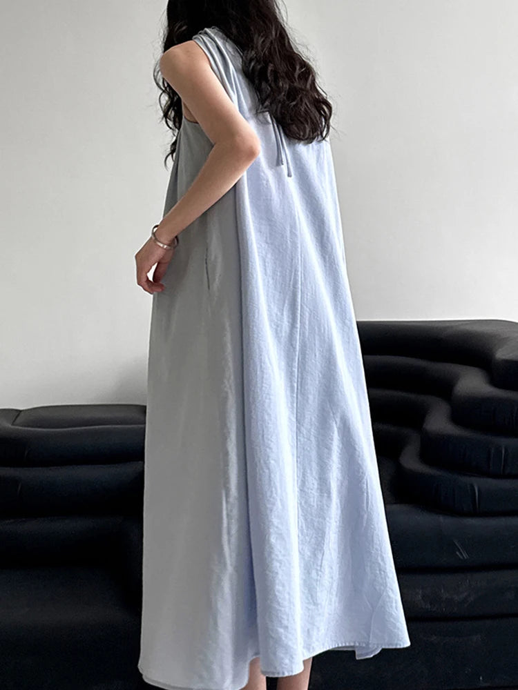 Women White Blue Knot Elegant Big Size Long Vest Dress New Halter Sleeveless Fashion Tide Spring Summer 2025 1DJ1282