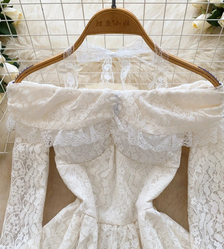 Vintage Women White Lace Elegant Off Shoulder Halter Lace-up Pleated Short Dress Spring High Waist Sexy Party Dress Popular Chic