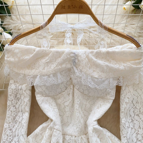 Load image into Gallery viewer, Vintage Women White Lace Elegant Off Shoulder Halter Lace-up Pleated Short Dress Spring High Waist Sexy Party Dress Popular Chic
