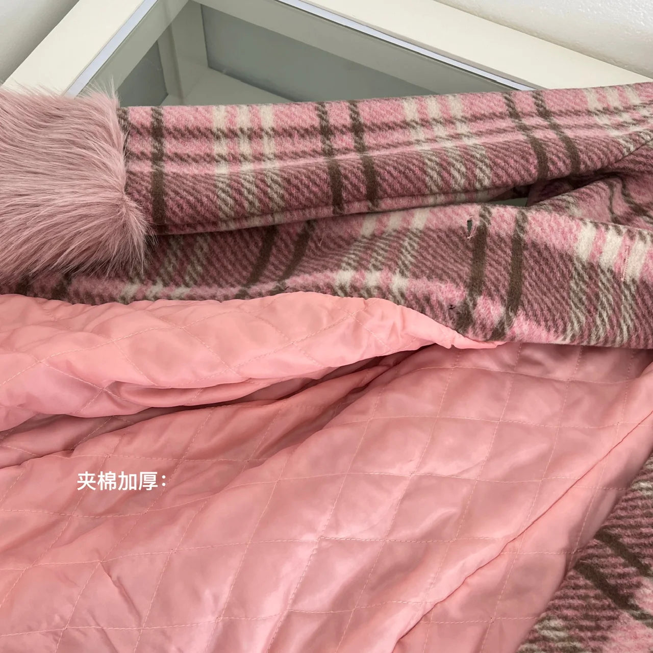 Vintage Winter Pink Plaid Elegant Big Scarf Collar Double Breasted Woolen Coat Women Korean Fashion Elegant Slim Long Jacket New