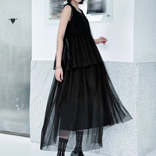 Load image into Gallery viewer, Women Black Khaki Mesh Perspctive Big Size Long Dress New Round Neck Sleeveless Fashion Tide Spring Autumn 2025  1DJ1064
