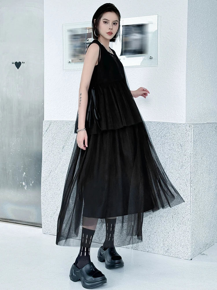 Women Black Khaki Mesh Perspctive Big Size Long Dress New Round Neck Sleeveless Fashion Tide Spring Autumn 2025  1DJ1064