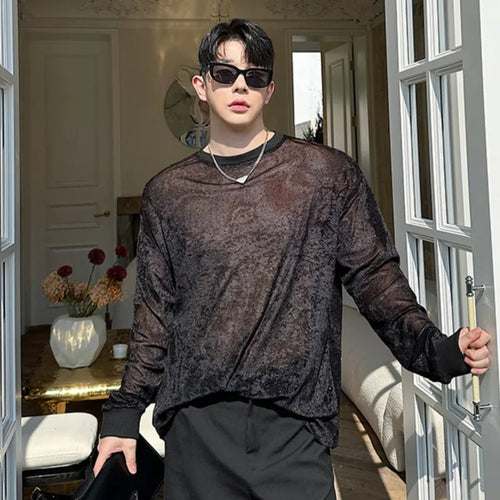 Load image into Gallery viewer, Men&#39;s T-shirts Spring Korean Semi Transparent Shiny Design Long Sleeve Round Collar Solid Color Male Clothing 9W1604

