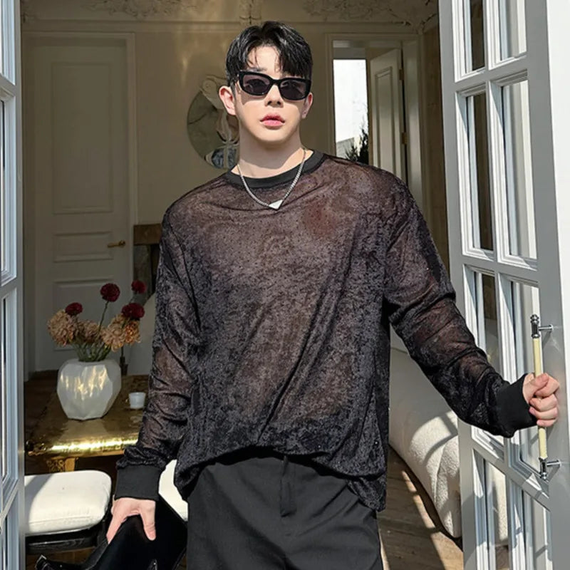 Men's T-shirts Spring Korean Semi Transparent Shiny Design Long Sleeve Round Collar Solid Color Male Clothing 9W1604