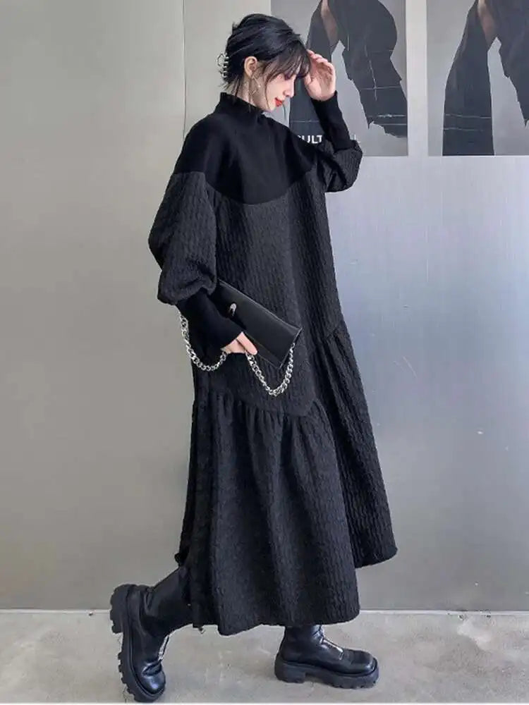 Women Black Knitting Big Size Long Dress New Turtleneck Long Sleeve Loose Fit Fashion Tide Spring Autumn 2025 1DH0797