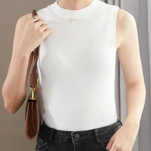 Load image into Gallery viewer, Spring Bottoming Sleeveless Vest Solid Camisole Nail Beaded Sweaters Half Turtleneck Knitwear Tops B-053
