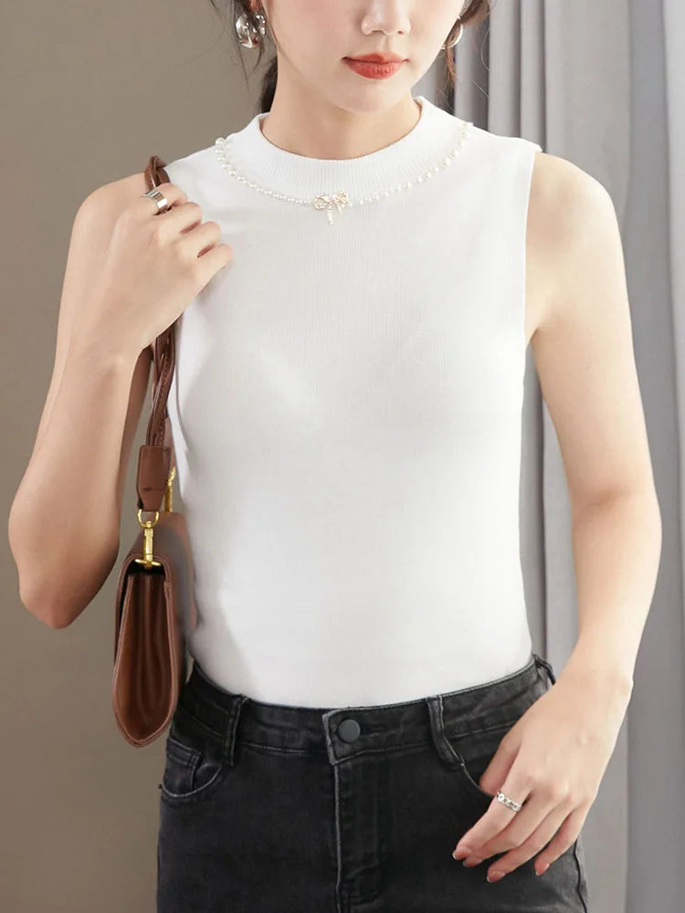 Spring Bottoming Sleeveless Vest Solid Camisole Nail Beaded Sweaters Half Turtleneck Knitwear Tops B-053