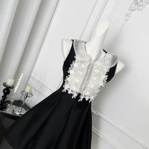 Load image into Gallery viewer, French 2025 Women Black Patchwork Lace Elegant Sleeveless Button High Waist Short Vest Dress Summer Birthday Party Mini Dresses
