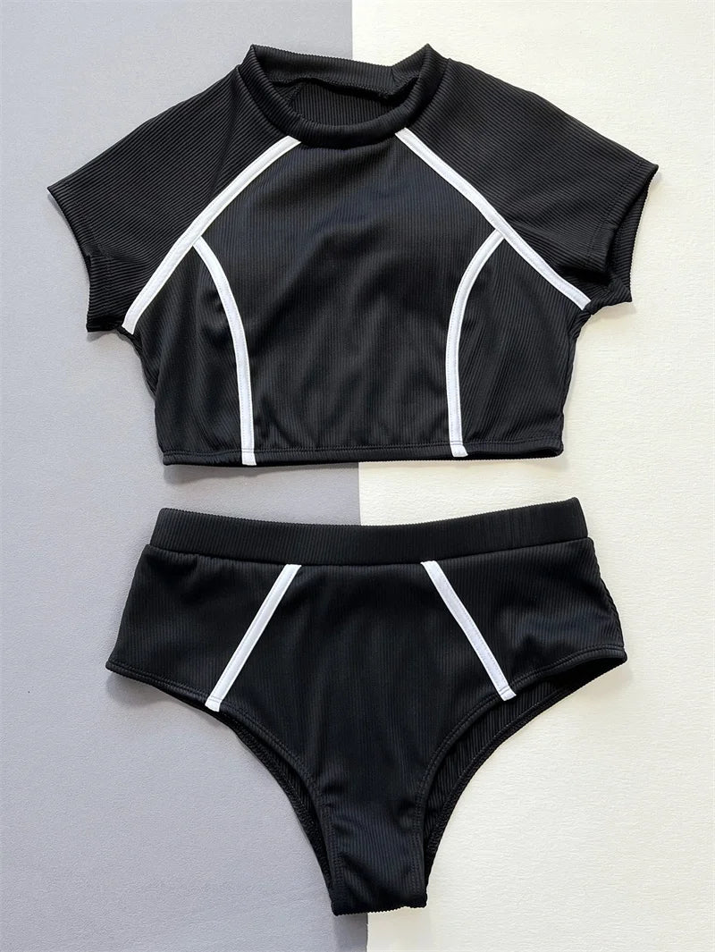 Block Color Black Bikini Set High Waist Women Swimsuit 2025 Sport Swimwear Short Sleeves Biquini Sexy Bathing Suit