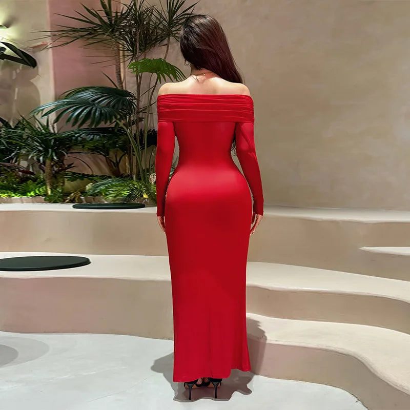 Off-shoulder Mesh See Through Sexy Maxi Dress For Women Elegant Strapless Long Sleeve Backless Bodycon Club Party Dress