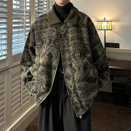 Load image into Gallery viewer, Fashion Men&#39;s Lamb Wool Jacket Knitted Contrast Color Jacquard Loose Casual Male Retro Cotton Padded Jackets 9C9039
