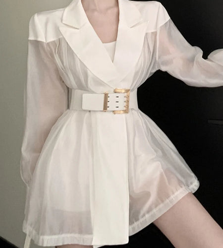 Solid Spliced Belt Slimming Mini Dresses For Women V Neck Long Sleeve High Waist Temperament Dress Female Fashion