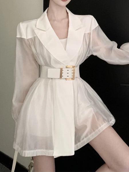 Solid Spliced Belt Slimming Mini Dresses For Women V Neck Long Sleeve High Waist Temperament Dress Female Fashion
