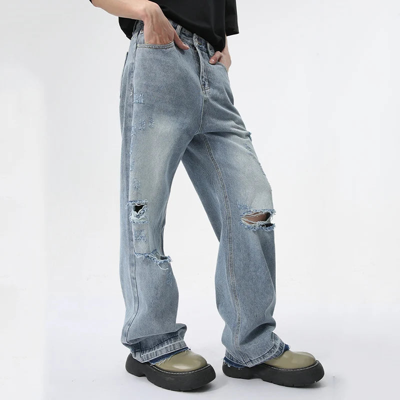 Trendy Men's Straight Jeans Worn-out Hole Design Autumn New Streetwear American Style Wide Leg Denim Pants Spring 9C5979